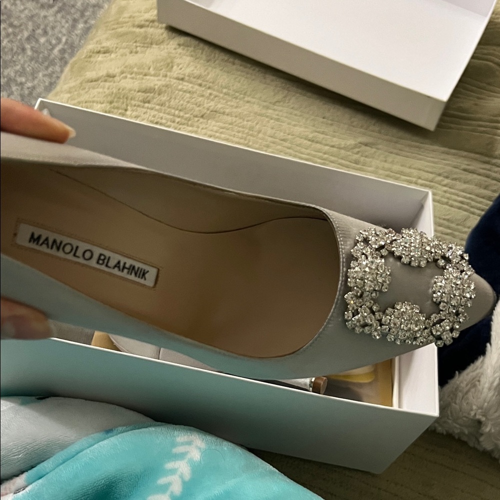 Manolo Blahnik Silver Satin Buckle-Embellished Pump